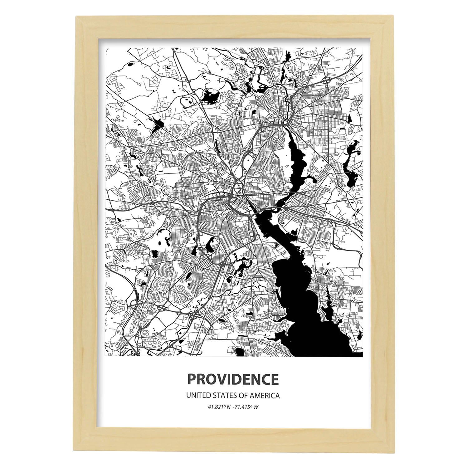 Poster con mapa de Providence - USA. Láminas de ciudades de Estados Unidos con mares y ríos en color negro.-Artwork-Nacnic-A3-Marco Madera clara-Nacnic Estudio SL