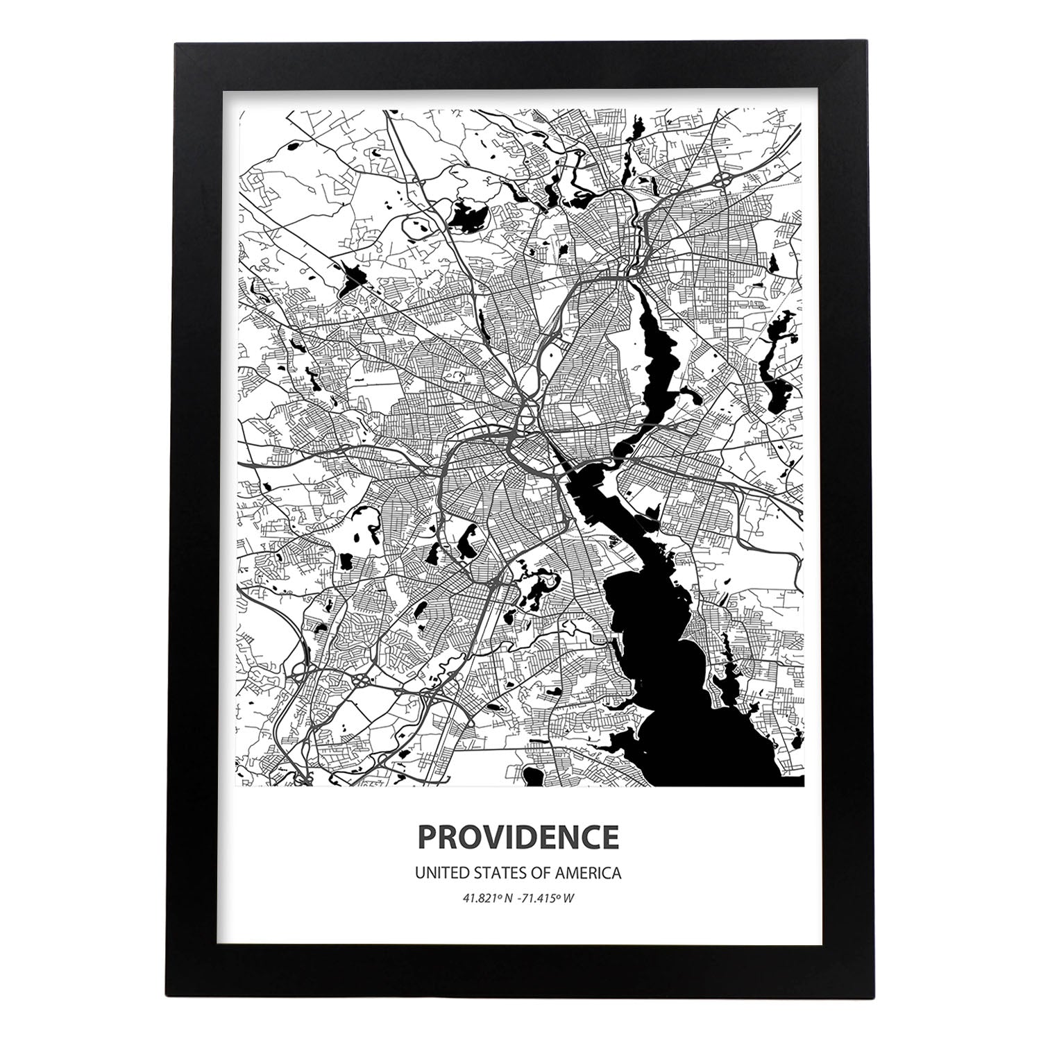 Poster con mapa de Providence - USA. Láminas de ciudades de Estados Unidos con mares y ríos en color negro.-Artwork-Nacnic-A3-Marco Negro-Nacnic Estudio SL