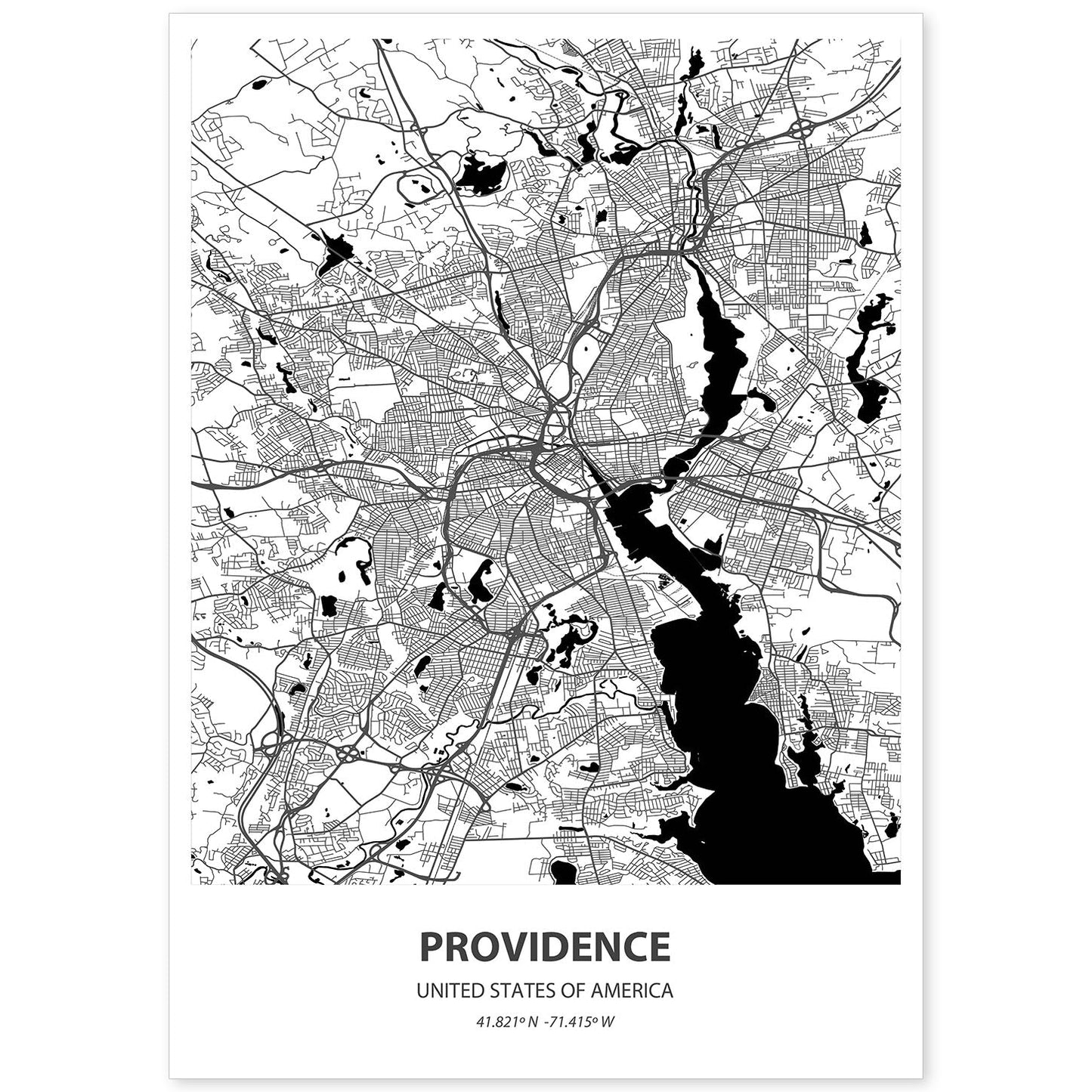 Poster con mapa de Providence - USA. Láminas de ciudades de Estados Unidos con mares y ríos en color negro.-Artwork-Nacnic-A4-Sin marco-Nacnic Estudio SL