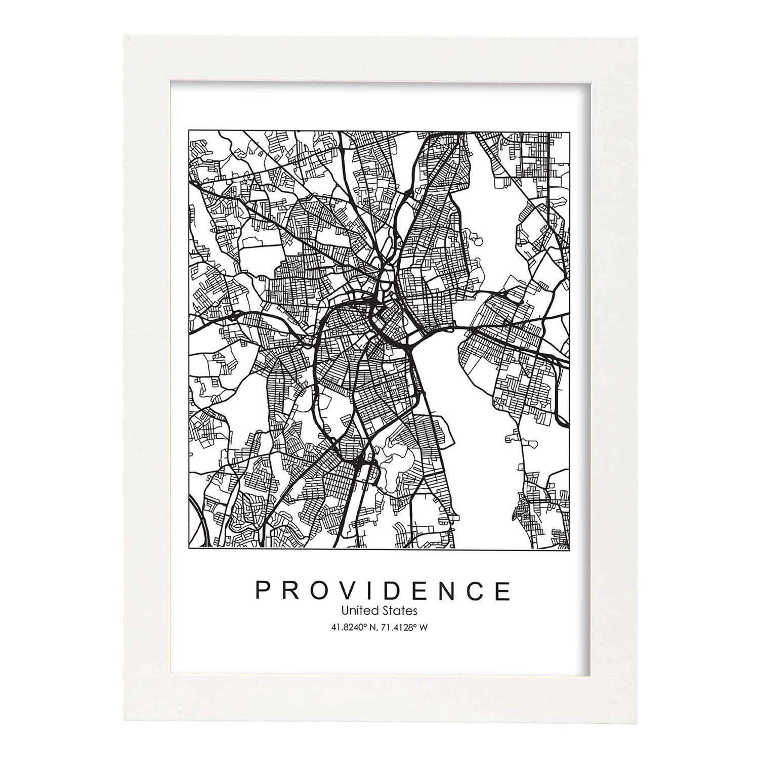 Poster con mapa de Providence. Lámina de Estados Unidos, con imágenes de mapas y carreteras-Artwork-Nacnic-A3-Marco Blanco-Nacnic Estudio SL