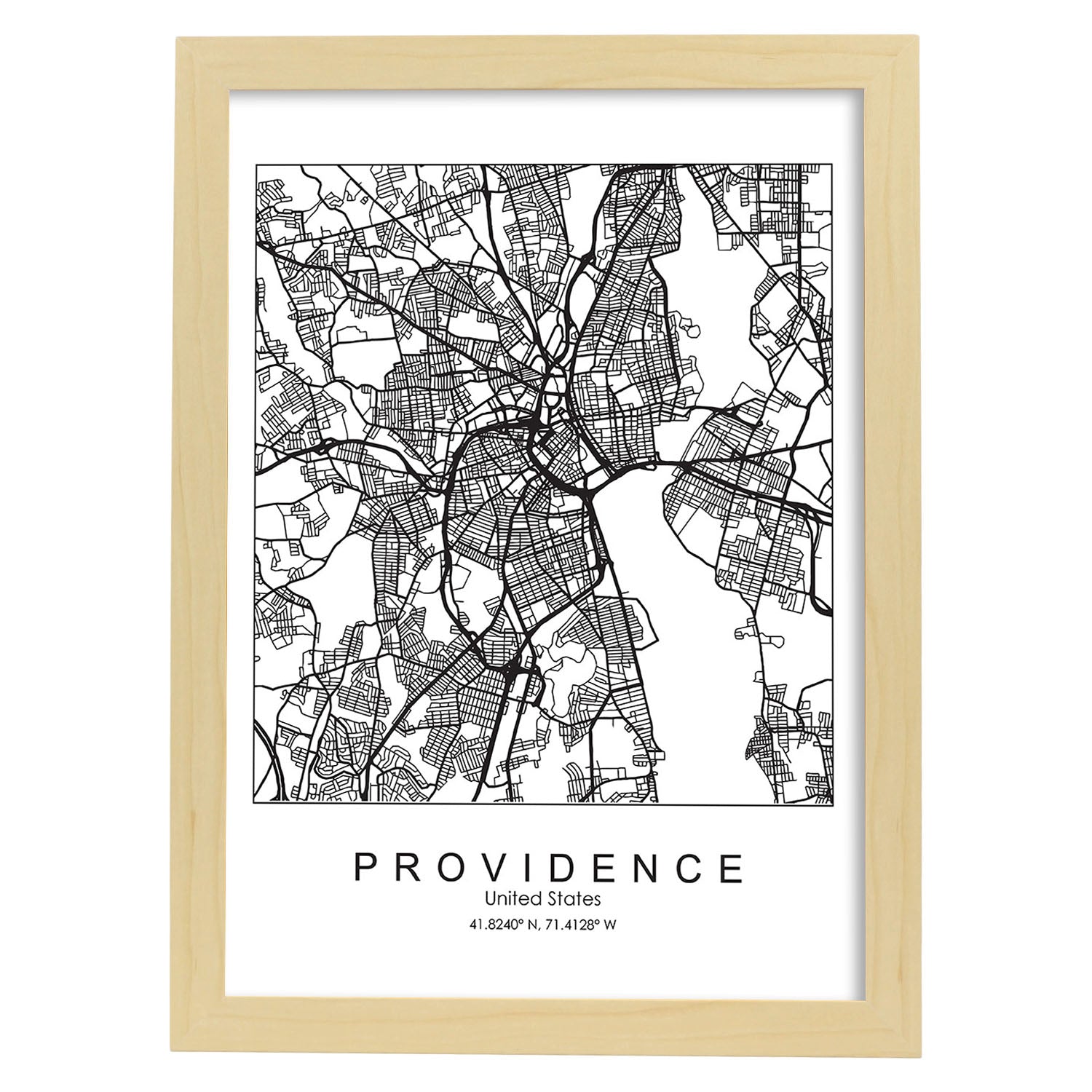 Poster con mapa de Providence. Lámina de Estados Unidos, con imágenes de mapas y carreteras-Artwork-Nacnic-A3-Marco Madera clara-Nacnic Estudio SL