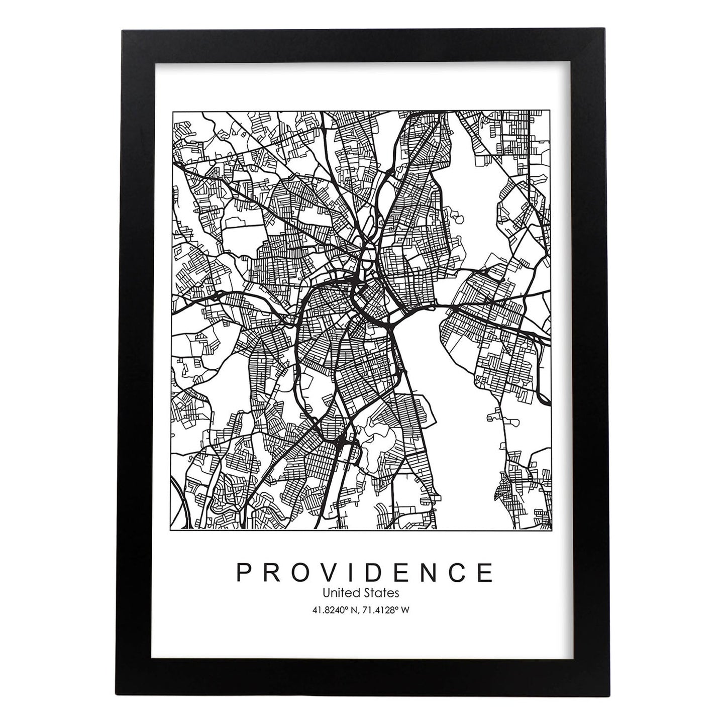 Poster con mapa de Providence. Lámina de Estados Unidos, con imágenes de mapas y carreteras-Artwork-Nacnic-A3-Marco Negro-Nacnic Estudio SL