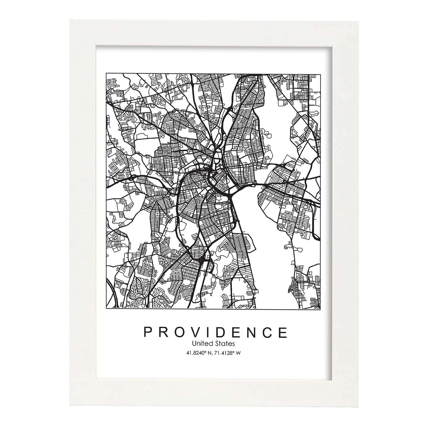 Poster con mapa de Providence. Lámina de Estados Unidos, con imágenes de mapas y carreteras-Artwork-Nacnic-A4-Marco Blanco-Nacnic Estudio SL