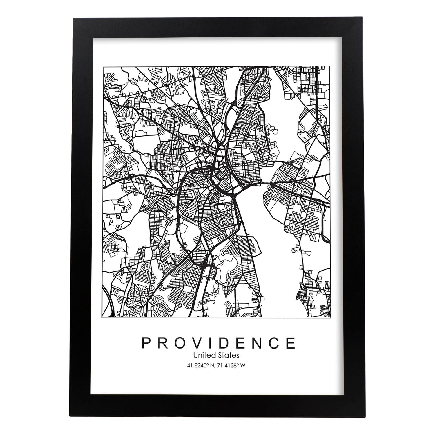 Poster con mapa de Providence. Lámina de Estados Unidos, con imágenes de mapas y carreteras-Artwork-Nacnic-A4-Marco Negro-Nacnic Estudio SL
