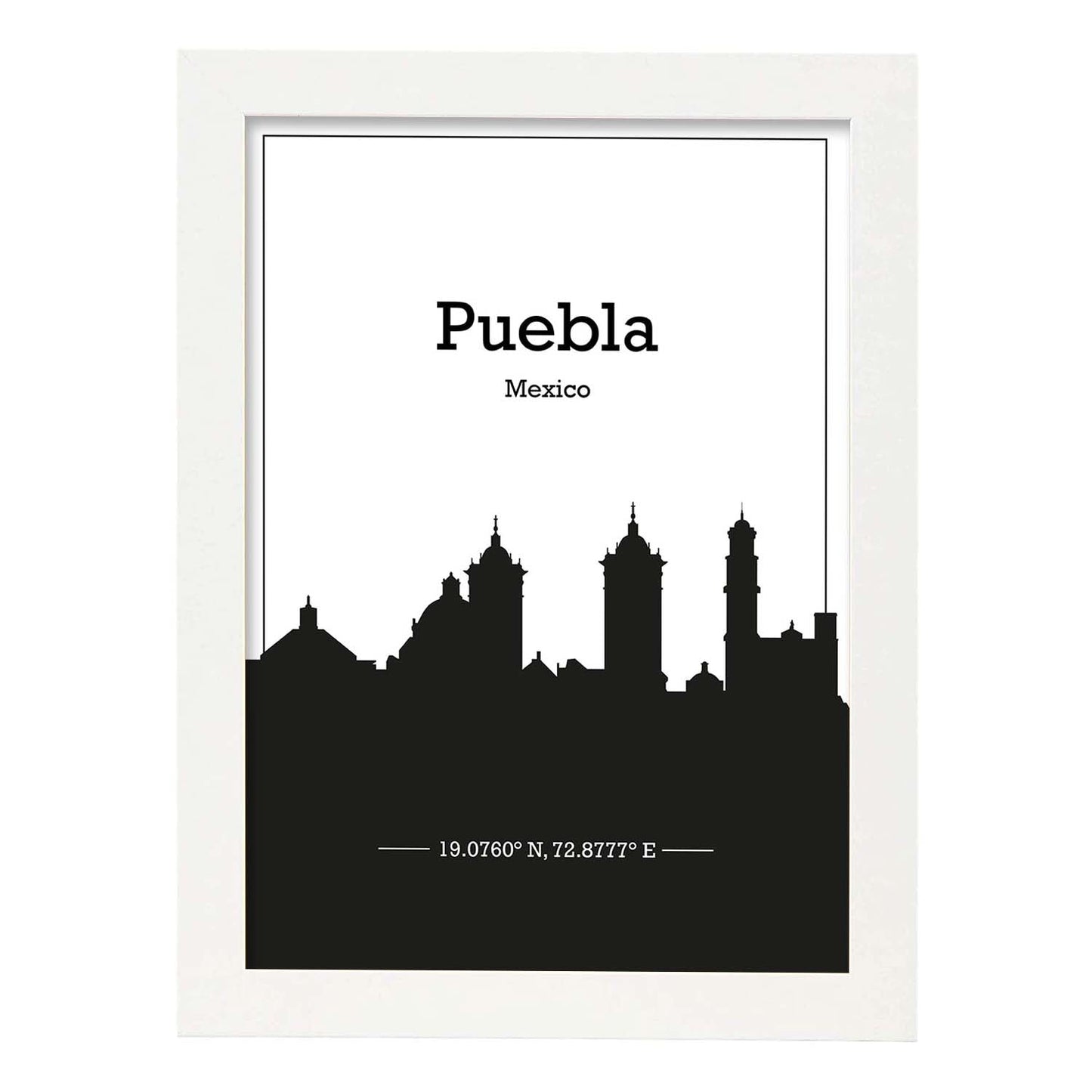 Poster con mapa de Puebla - Mexico. Láminas con Skyline de ciudades de Estados Unidos, Canada, Mexico con sombra negra.-Artwork-Nacnic-A3-Marco Blanco-Nacnic Estudio SL