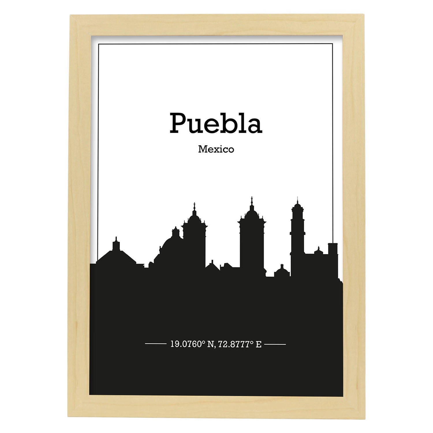 Poster con mapa de Puebla - Mexico. Láminas con Skyline de ciudades de Estados Unidos, Canada, Mexico con sombra negra.-Artwork-Nacnic-A3-Marco Madera clara-Nacnic Estudio SL