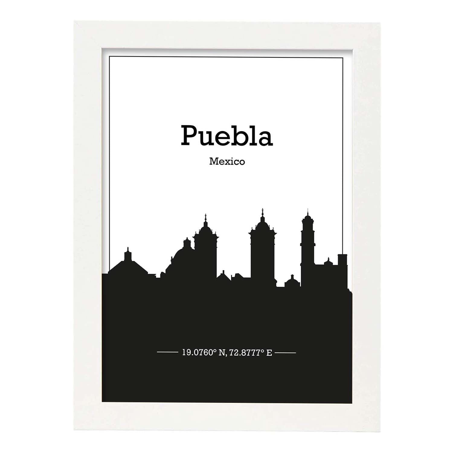 Poster con mapa de Puebla - Mexico. Láminas con Skyline de ciudades de Estados Unidos, Canada, Mexico con sombra negra.-Artwork-Nacnic-A4-Marco Blanco-Nacnic Estudio SL