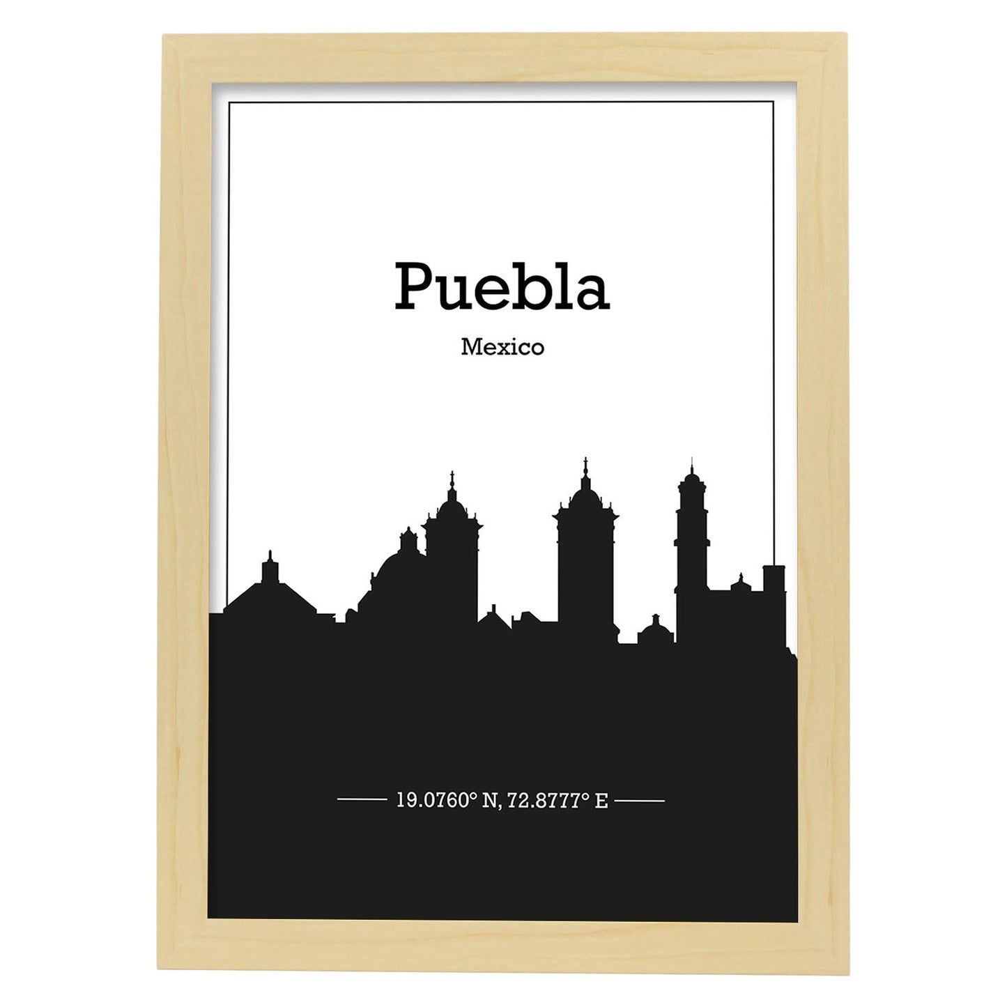 Poster con mapa de Puebla - Mexico. Láminas con Skyline de ciudades de Estados Unidos, Canada, Mexico con sombra negra.-Artwork-Nacnic-A4-Marco Madera clara-Nacnic Estudio SL