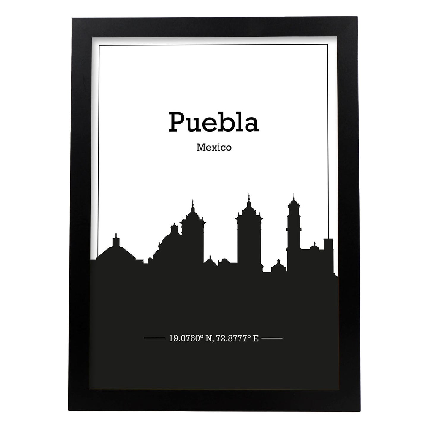 Poster con mapa de Puebla - Mexico. Láminas con Skyline de ciudades de Estados Unidos, Canada, Mexico con sombra negra.-Artwork-Nacnic-A4-Marco Negro-Nacnic Estudio SL