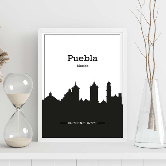 Poster con mapa de Puebla - Mexico. Láminas con Skyline de ciudades de Estados Unidos, Canada, Mexico con sombra negra.-Artwork-Nacnic-Nacnic Estudio SL