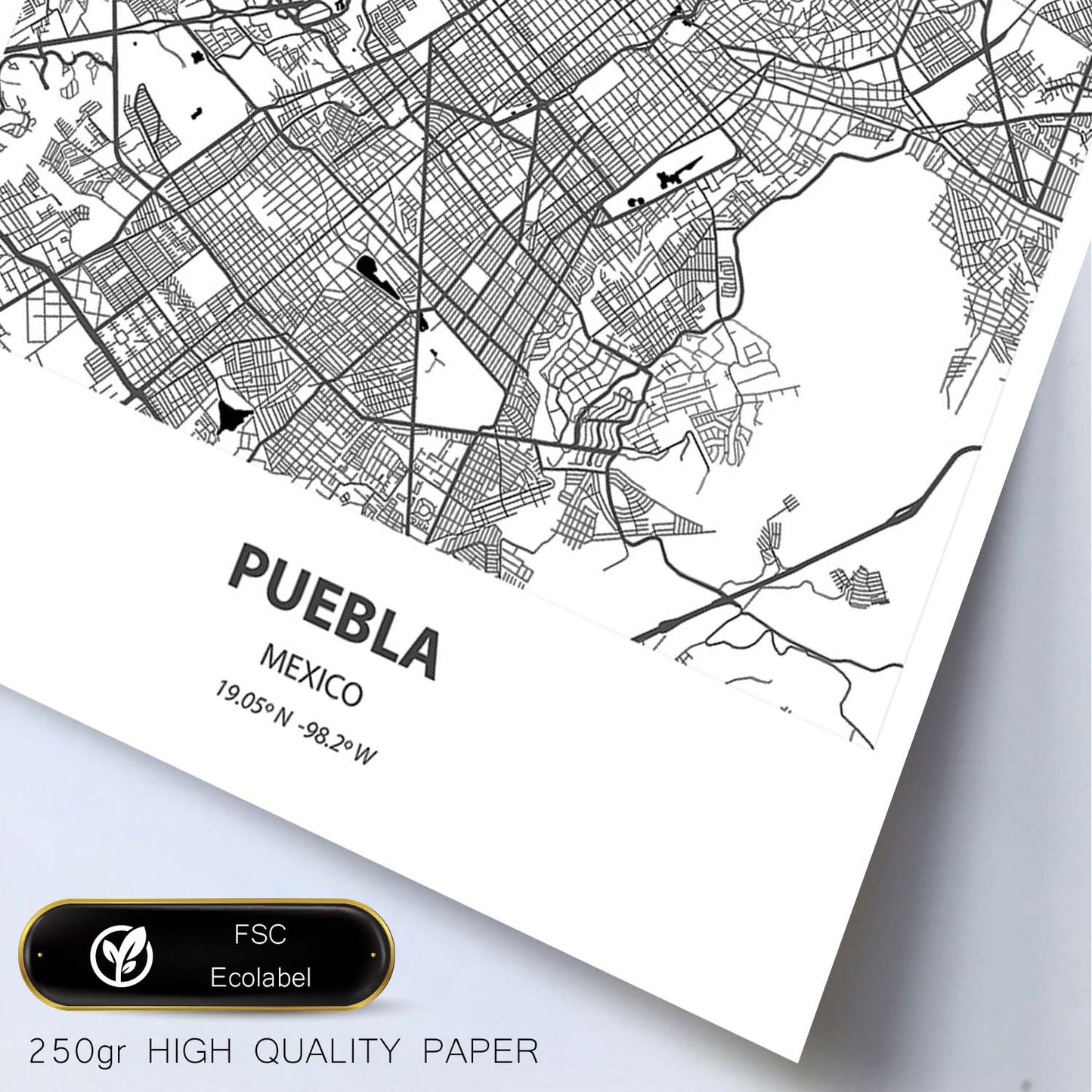 Poster con mapa de Puebla - Mexico. Láminas de ciudades de Latinoamérica con mares y ríos en color negro.-Artwork-Nacnic-Nacnic Estudio SL