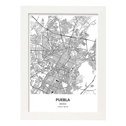 Poster con mapa de Puebla - Mexico. Láminas de ciudades de Latinoamérica con mares y ríos en color negro.-Artwork-Nacnic-A4-Marco Blanco-Nacnic Estudio SL