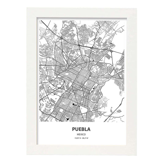 Poster con mapa de Puebla - Mexico. Láminas de ciudades de Latinoamérica con mares y ríos en color negro.-Artwork-Nacnic-A4-Marco Blanco-Nacnic Estudio SL