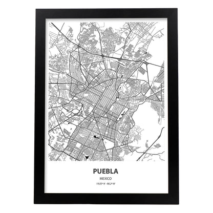 Poster con mapa de Puebla - Mexico. Láminas de ciudades de Latinoamérica con mares y ríos en color negro.-Artwork-Nacnic-A4-Marco Negro-Nacnic Estudio SL