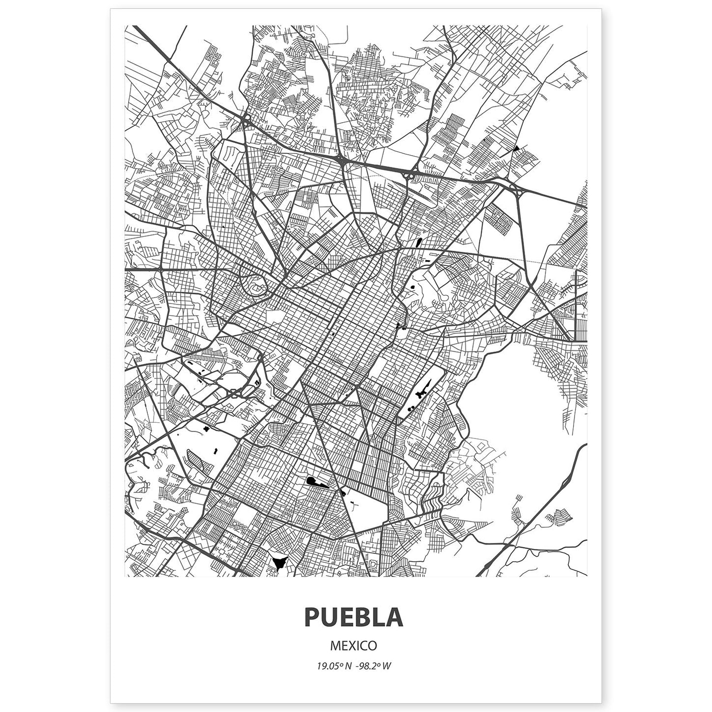 Poster con mapa de Puebla - Mexico. Láminas de ciudades de Latinoamérica con mares y ríos en color negro.-Artwork-Nacnic-A4-Sin marco-Nacnic Estudio SL