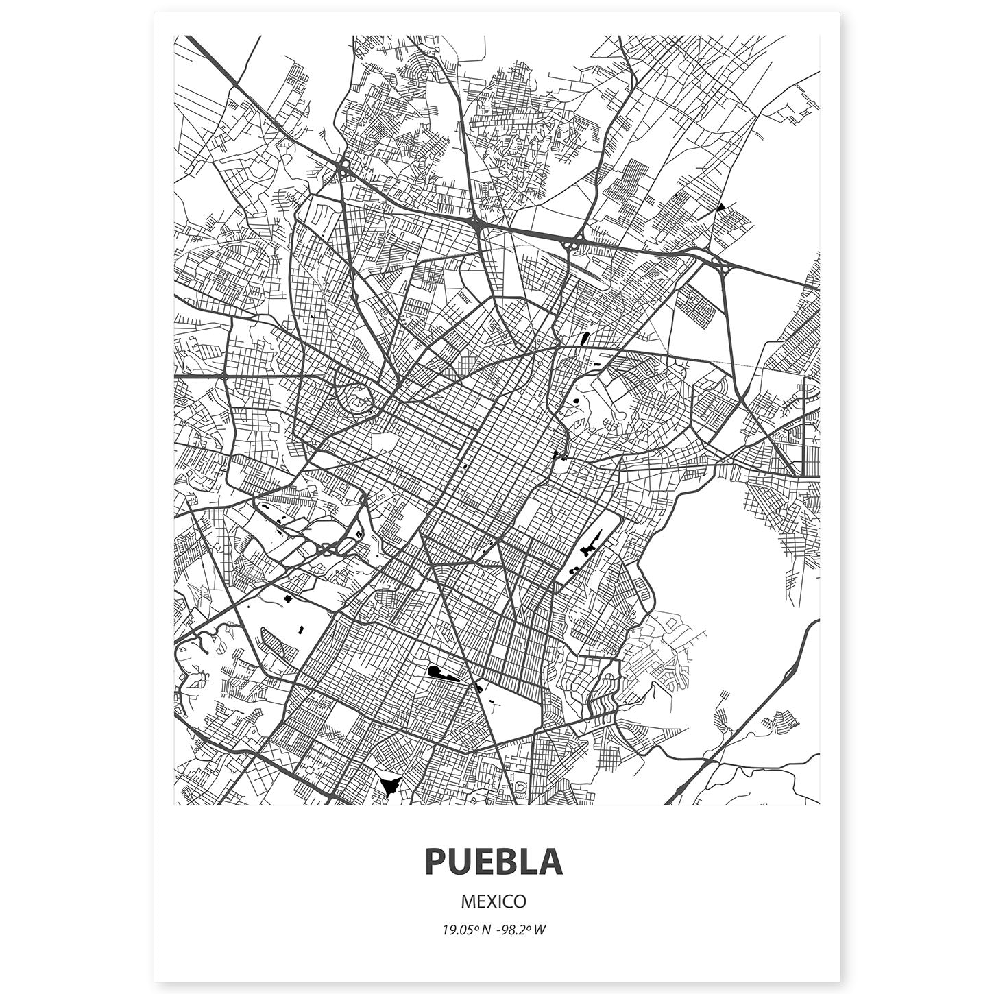 Poster con mapa de Puebla - Mexico. Láminas de ciudades de Latinoamérica con mares y ríos en color negro.-Artwork-Nacnic-A4-Sin marco-Nacnic Estudio SL