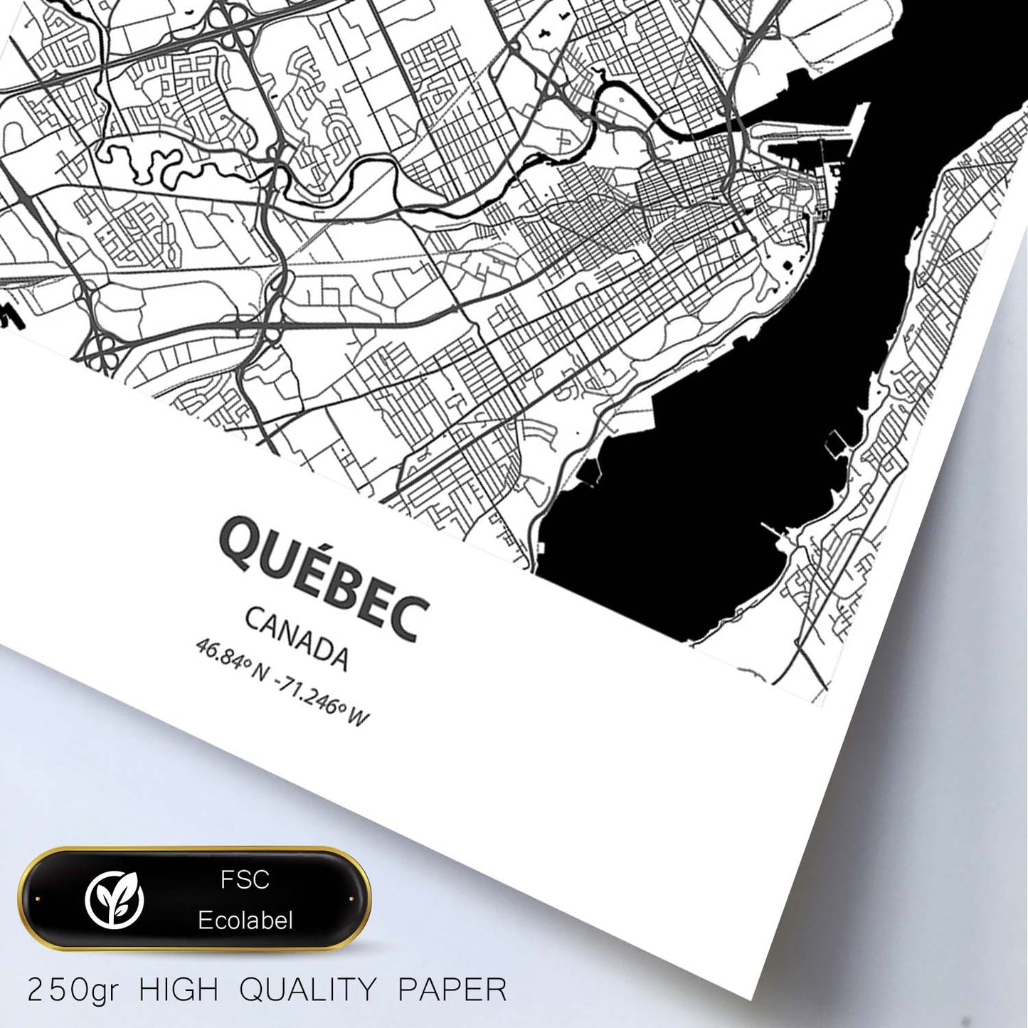 Poster con mapa de Quebec - Canada. Láminas de ciudades de Canada con mares y ríos en color negro.-Artwork-Nacnic-Nacnic Estudio SL