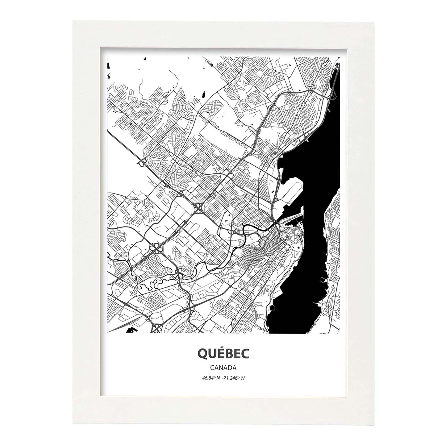 Poster con mapa de Quebec - Canada. Láminas de ciudades de Canada con mares y ríos en color negro.-Artwork-Nacnic-A3-Marco Blanco-Nacnic Estudio SL