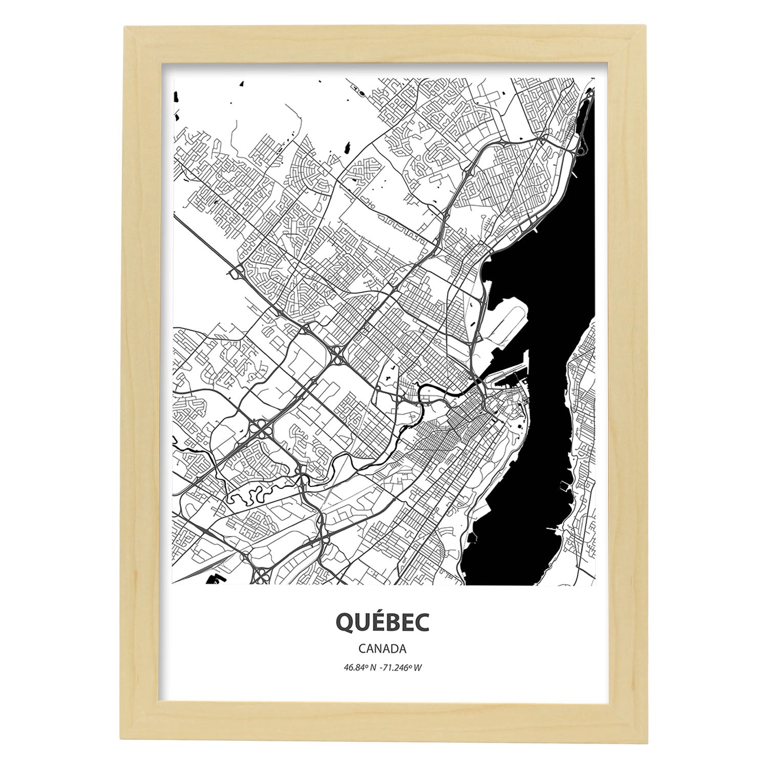 Poster con mapa de Quebec - Canada. Láminas de ciudades de Canada con mares y ríos en color negro.-Artwork-Nacnic-A3-Marco Madera clara-Nacnic Estudio SL