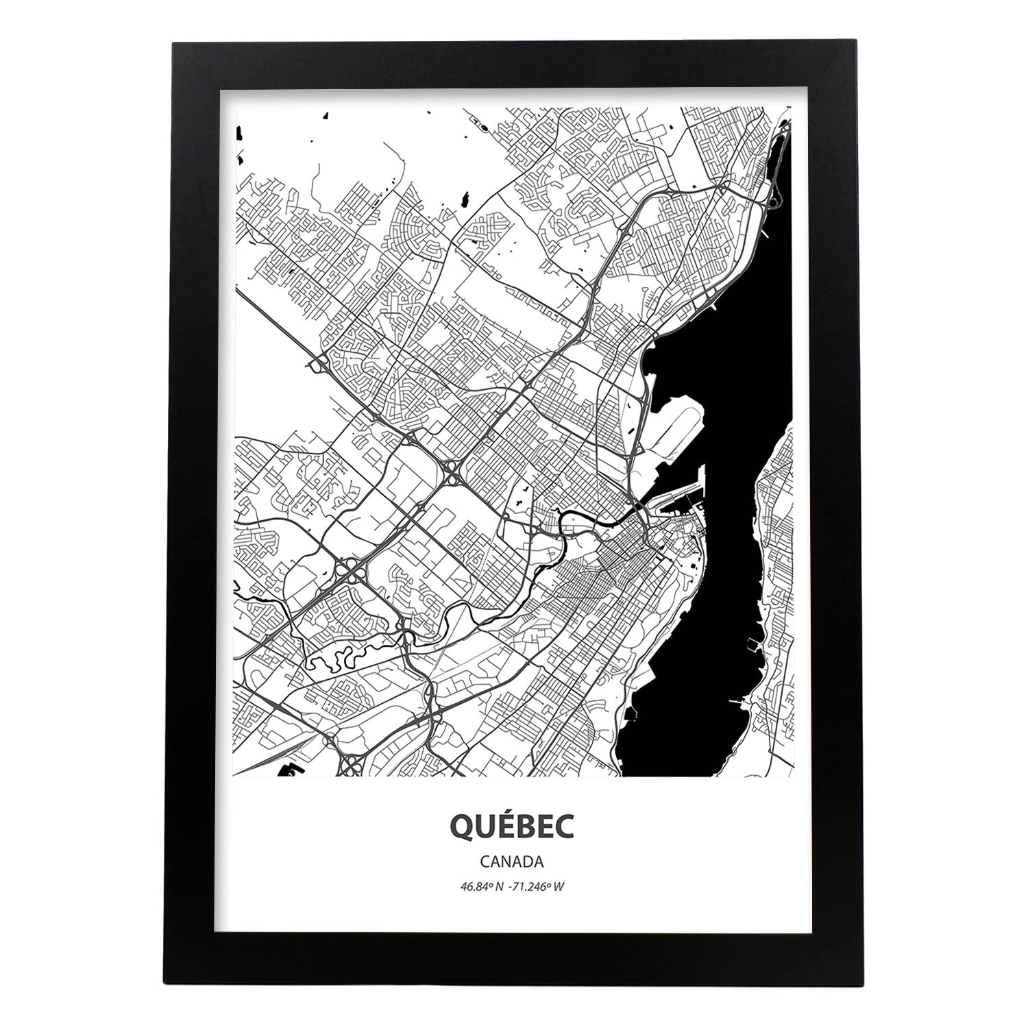 Poster con mapa de Quebec - Canada. Láminas de ciudades de Canada con mares y ríos en color negro.-Artwork-Nacnic-A3-Marco Negro-Nacnic Estudio SL
