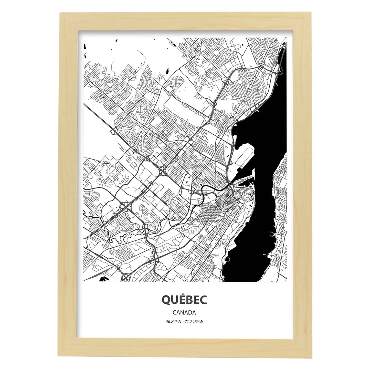 Poster con mapa de Quebec - Canada. Láminas de ciudades de Canada con mares y ríos en color negro.-Artwork-Nacnic-A4-Marco Madera clara-Nacnic Estudio SL