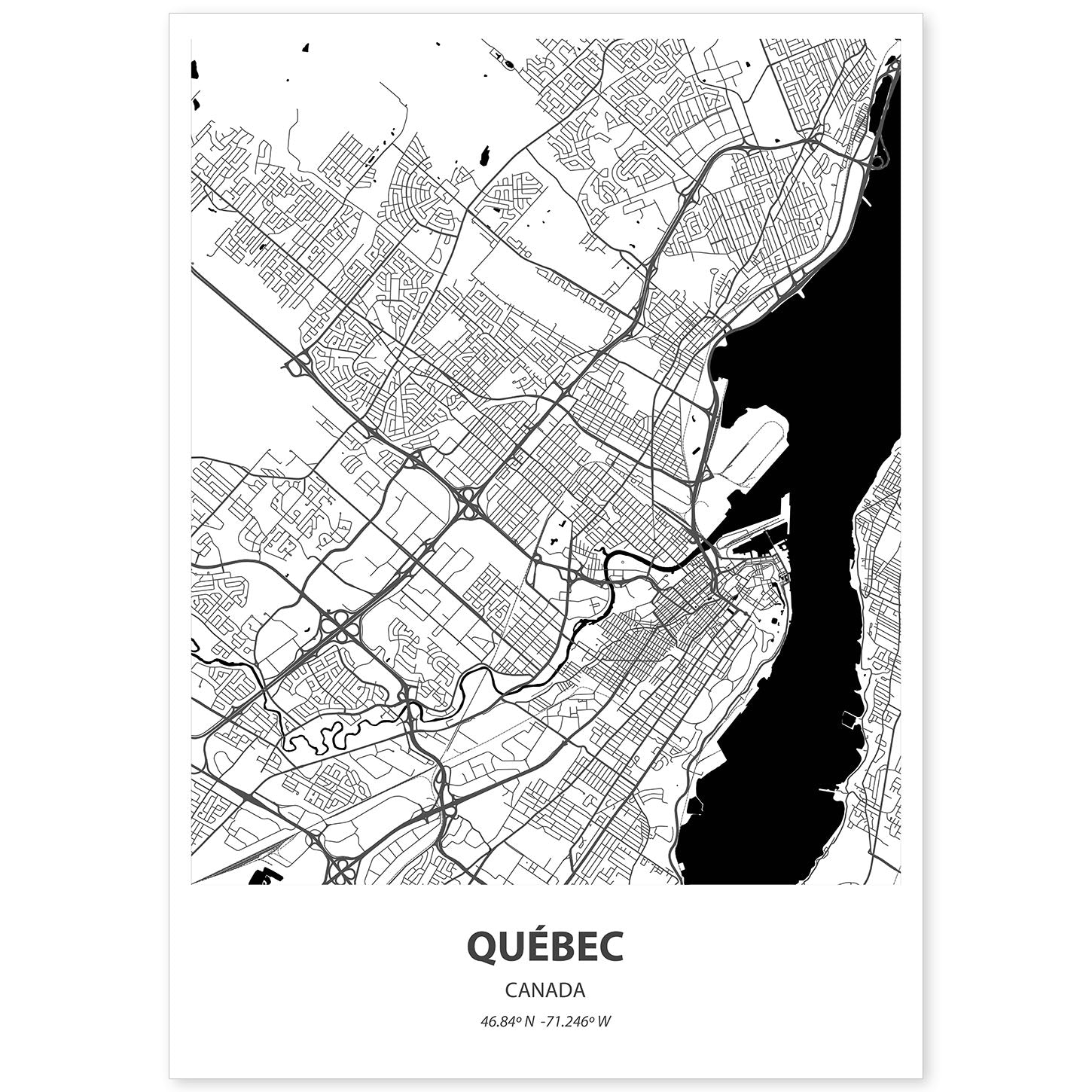 Poster con mapa de Quebec - Canada. Láminas de ciudades de Canada con mares y ríos en color negro.-Artwork-Nacnic-A4-Sin marco-Nacnic Estudio SL