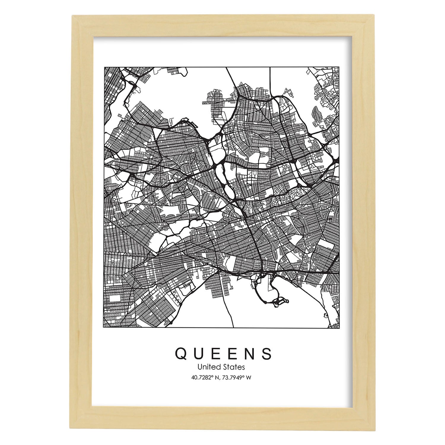 Poster con mapa de Queens. Lámina de Estados Unidos, con imágenes de mapas y carreteras-Artwork-Nacnic-A3-Marco Madera clara-Nacnic Estudio SL