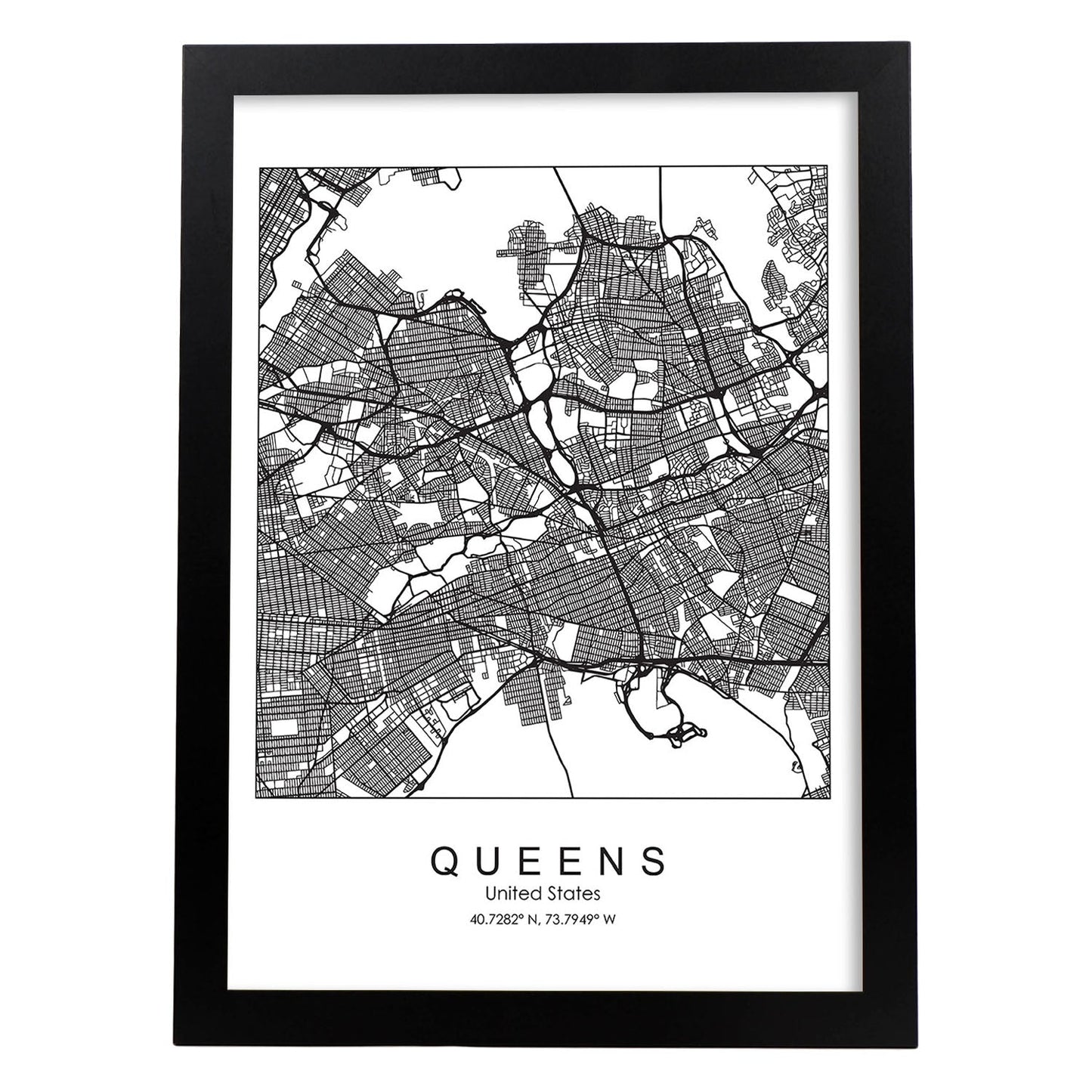 Poster con mapa de Queens. Lámina de Estados Unidos, con imágenes de mapas y carreteras-Artwork-Nacnic-A3-Marco Negro-Nacnic Estudio SL