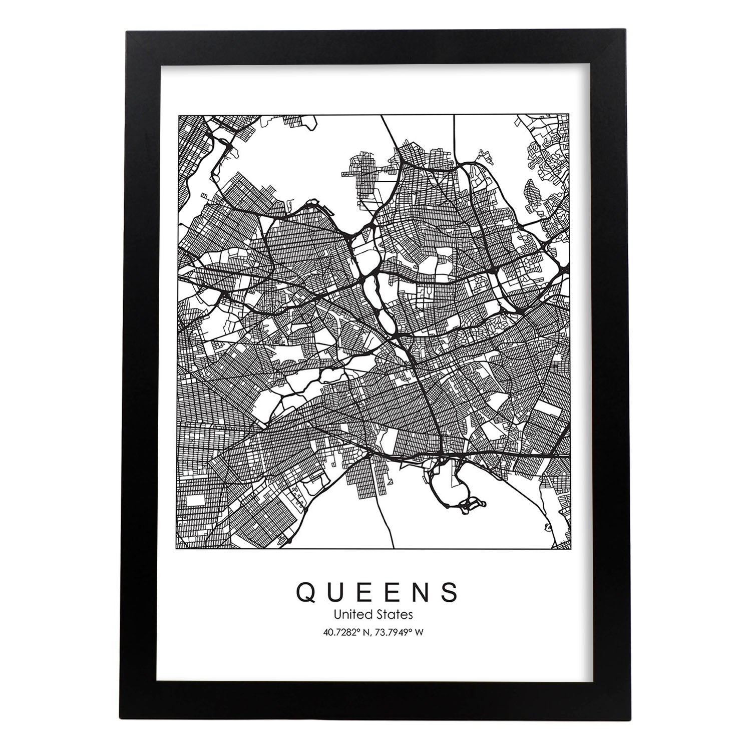 Poster con mapa de Queens. Lámina de Estados Unidos, con imágenes de mapas y carreteras-Artwork-Nacnic-A4-Marco Negro-Nacnic Estudio SL