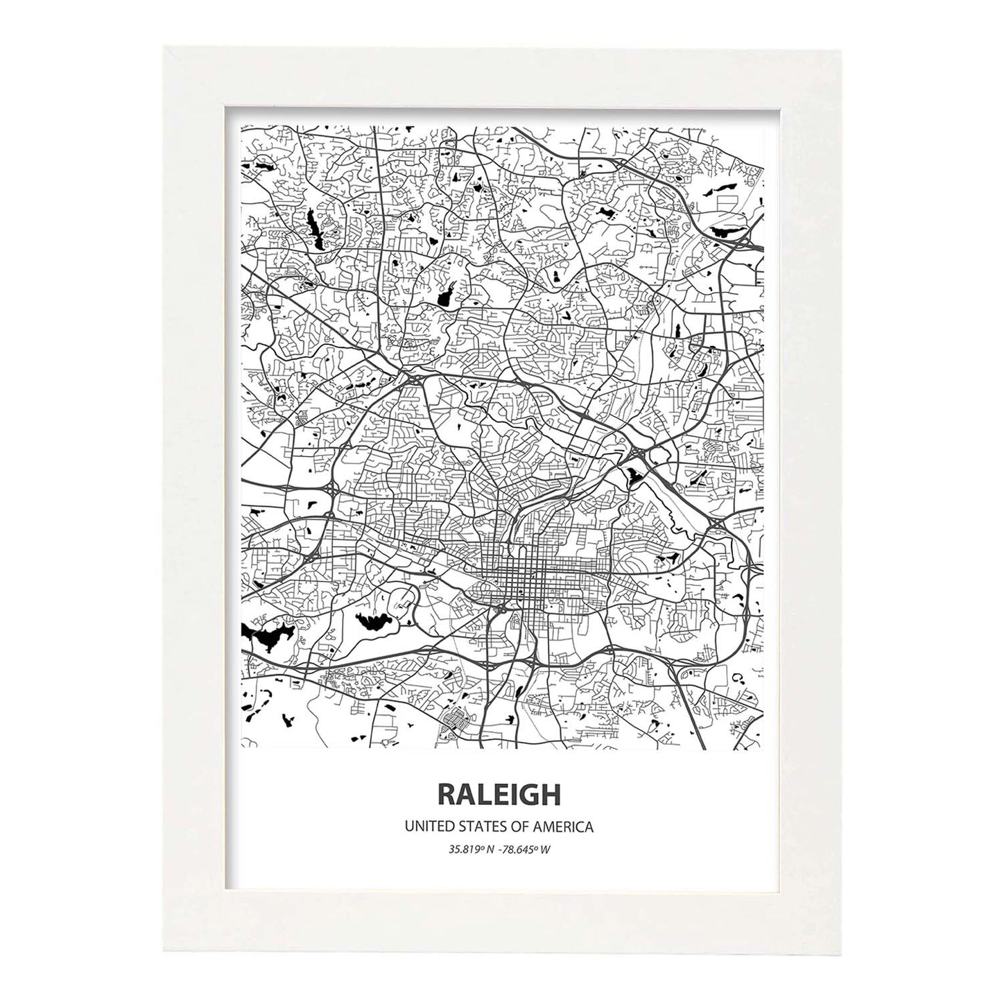 Poster con mapa de Raleigh - USA. Láminas de ciudades de Estados Unidos con mares y ríos en color negro.-Artwork-Nacnic-A3-Marco Blanco-Nacnic Estudio SL