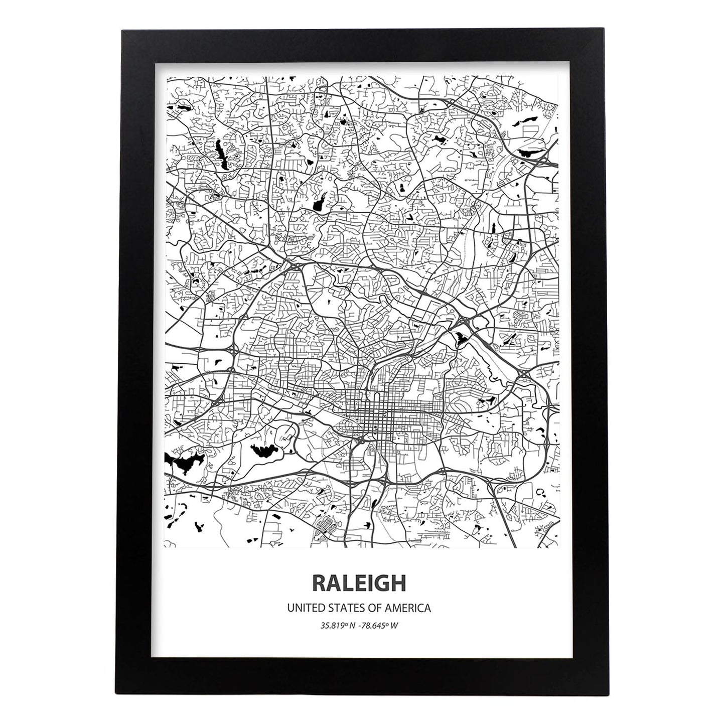 Poster con mapa de Raleigh - USA. Láminas de ciudades de Estados Unidos con mares y ríos en color negro.-Artwork-Nacnic-A3-Marco Negro-Nacnic Estudio SL