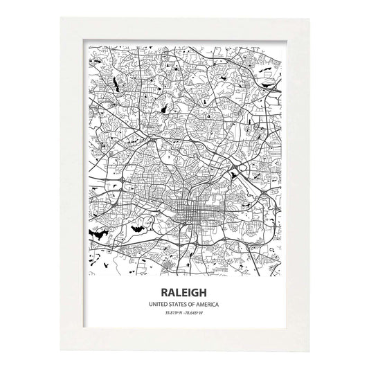 Poster con mapa de Raleigh - USA. Láminas de ciudades de Estados Unidos con mares y ríos en color negro.-Artwork-Nacnic-A4-Marco Blanco-Nacnic Estudio SL