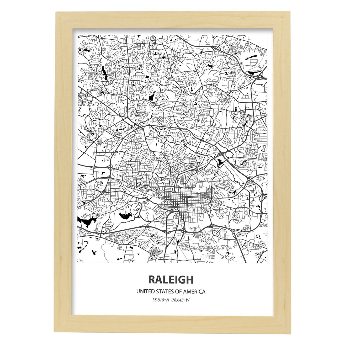 Poster con mapa de Raleigh - USA. Láminas de ciudades de Estados Unidos con mares y ríos en color negro.-Artwork-Nacnic-A4-Marco Madera clara-Nacnic Estudio SL