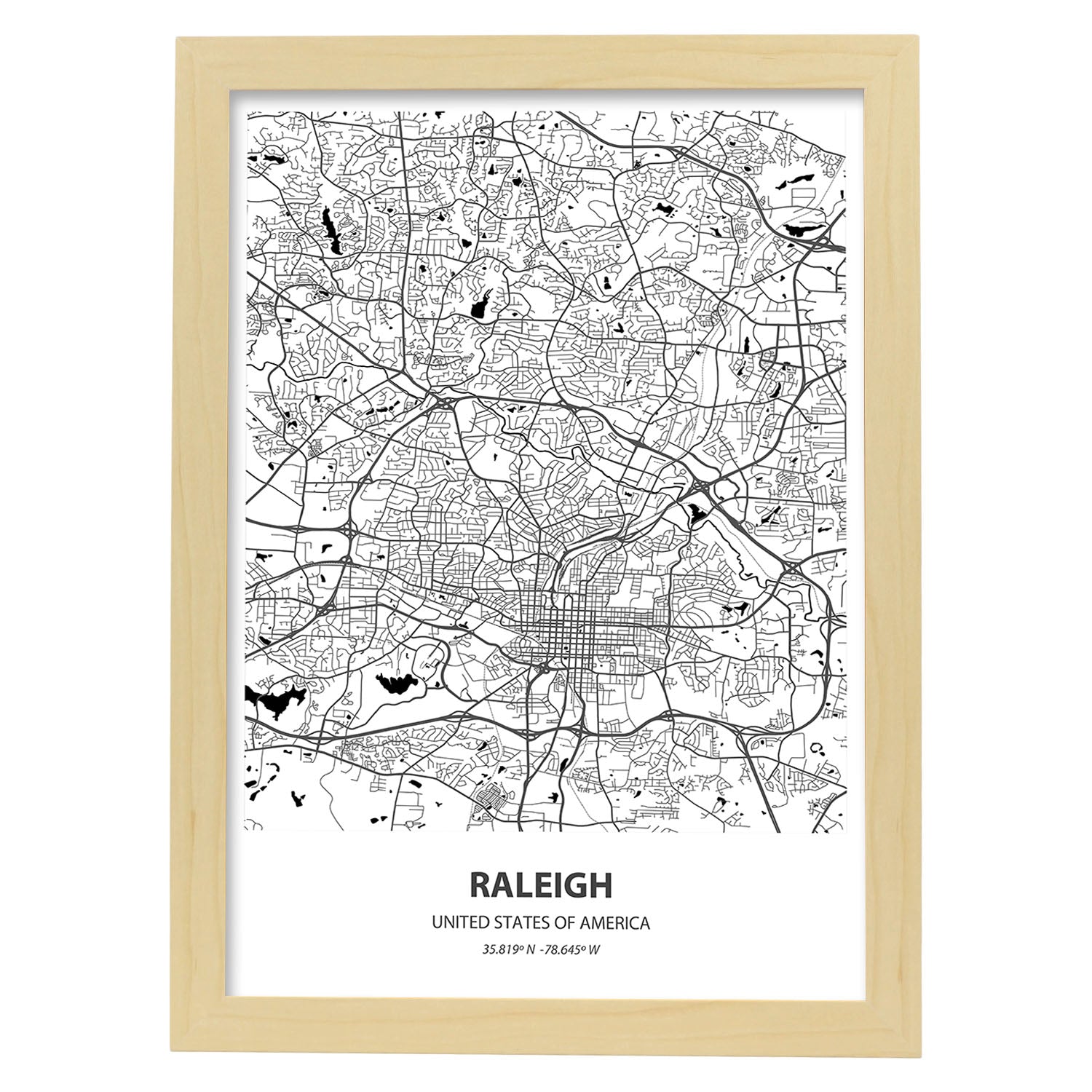 Poster con mapa de Raleigh - USA. Láminas de ciudades de Estados Unidos con mares y ríos en color negro.-Artwork-Nacnic-A4-Marco Madera clara-Nacnic Estudio SL