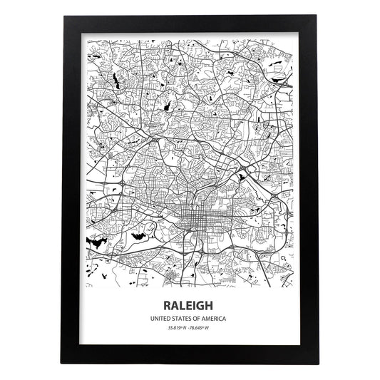 Poster con mapa de Raleigh - USA. Láminas de ciudades de Estados Unidos con mares y ríos en color negro.-Artwork-Nacnic-A4-Marco Negro-Nacnic Estudio SL