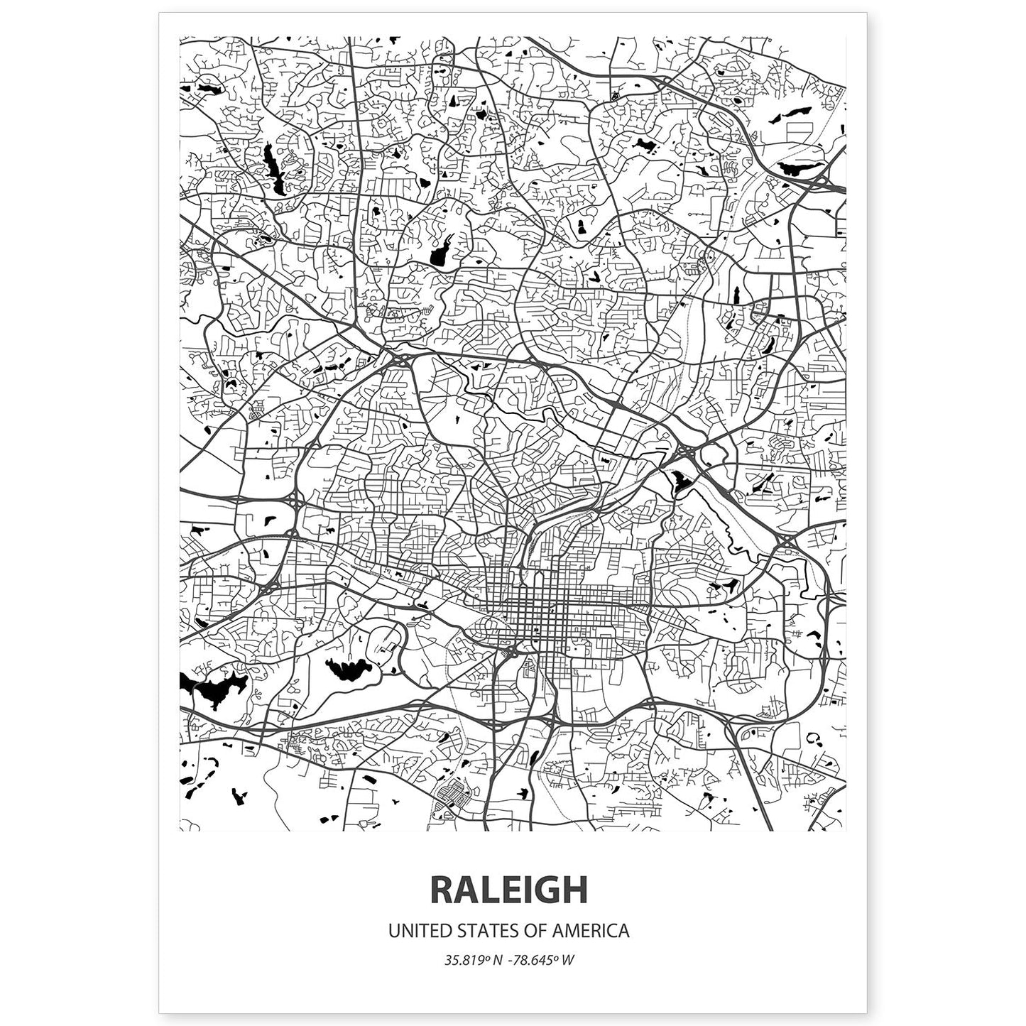 Poster con mapa de Raleigh - USA. Láminas de ciudades de Estados Unidos con mares y ríos en color negro.-Artwork-Nacnic-A4-Sin marco-Nacnic Estudio SL