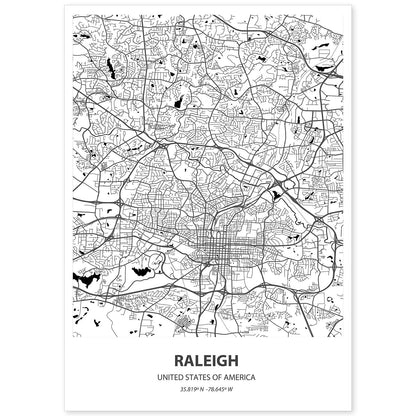 Poster con mapa de Raleigh - USA. Láminas de ciudades de Estados Unidos con mares y ríos en color negro.-Artwork-Nacnic-A4-Sin marco-Nacnic Estudio SL