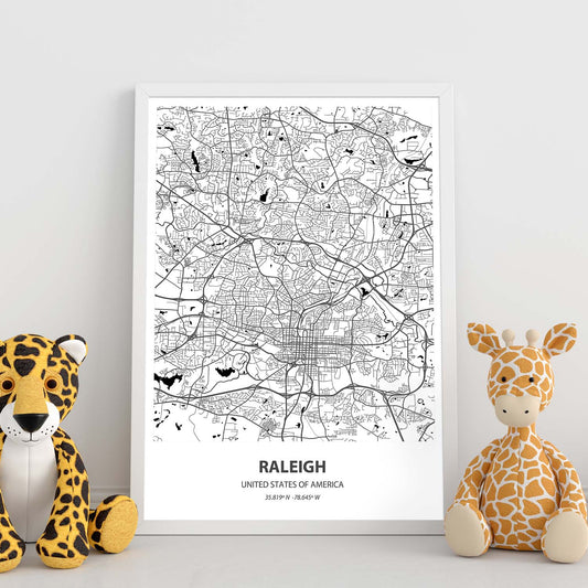 Poster con mapa de Raleigh - USA. Láminas de ciudades de Estados Unidos con mares y ríos en color negro.-Artwork-Nacnic-Nacnic Estudio SL