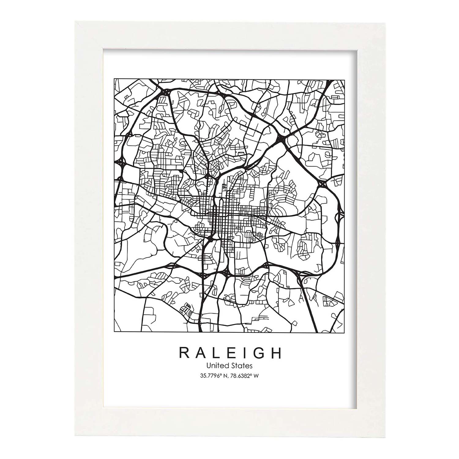 Poster con mapa de Raleigh. Lámina de Estados Unidos, con imágenes de mapas y carreteras-Artwork-Nacnic-A3-Marco Blanco-Nacnic Estudio SL