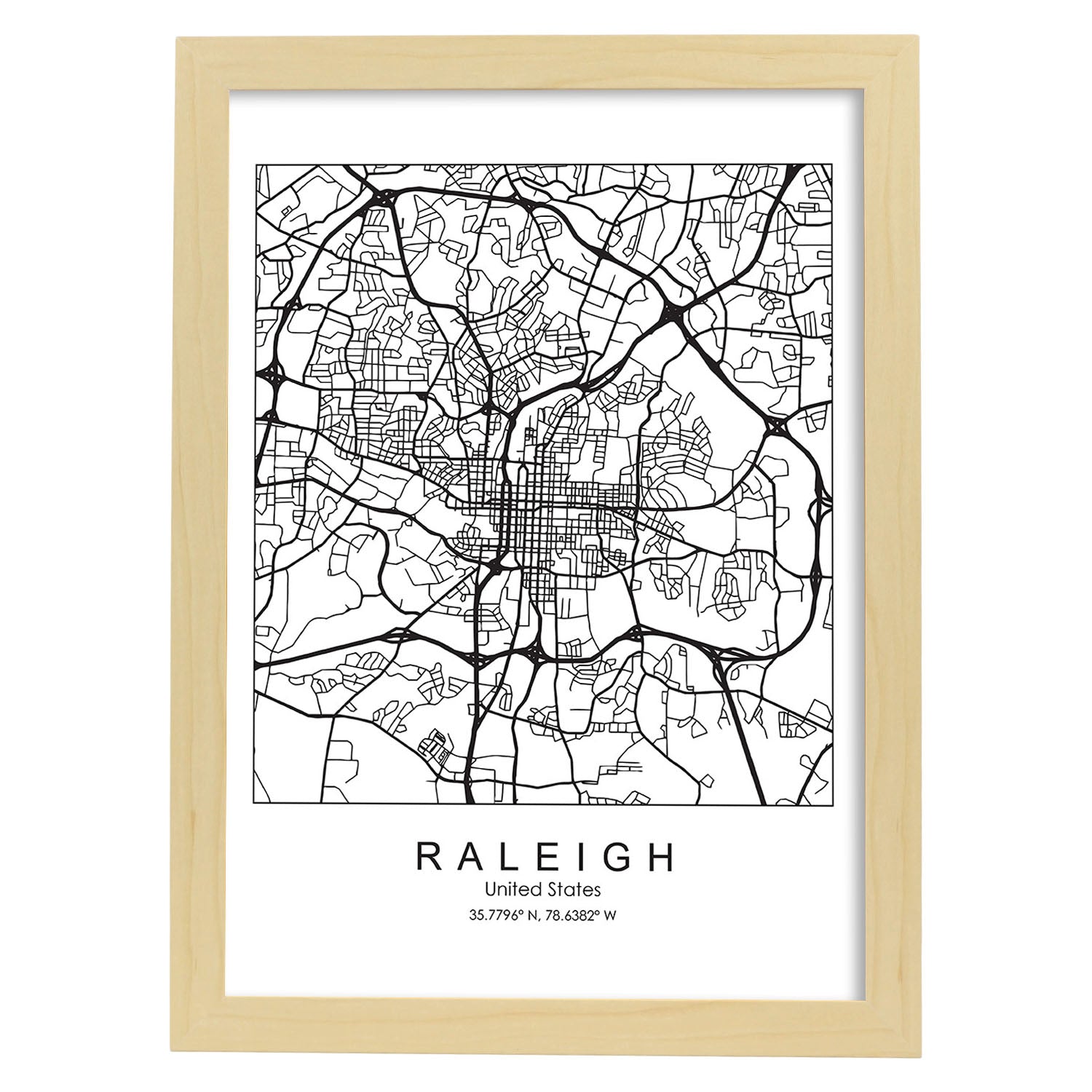 Poster con mapa de Raleigh. Lámina de Estados Unidos, con imágenes de mapas y carreteras-Artwork-Nacnic-A3-Marco Madera clara-Nacnic Estudio SL