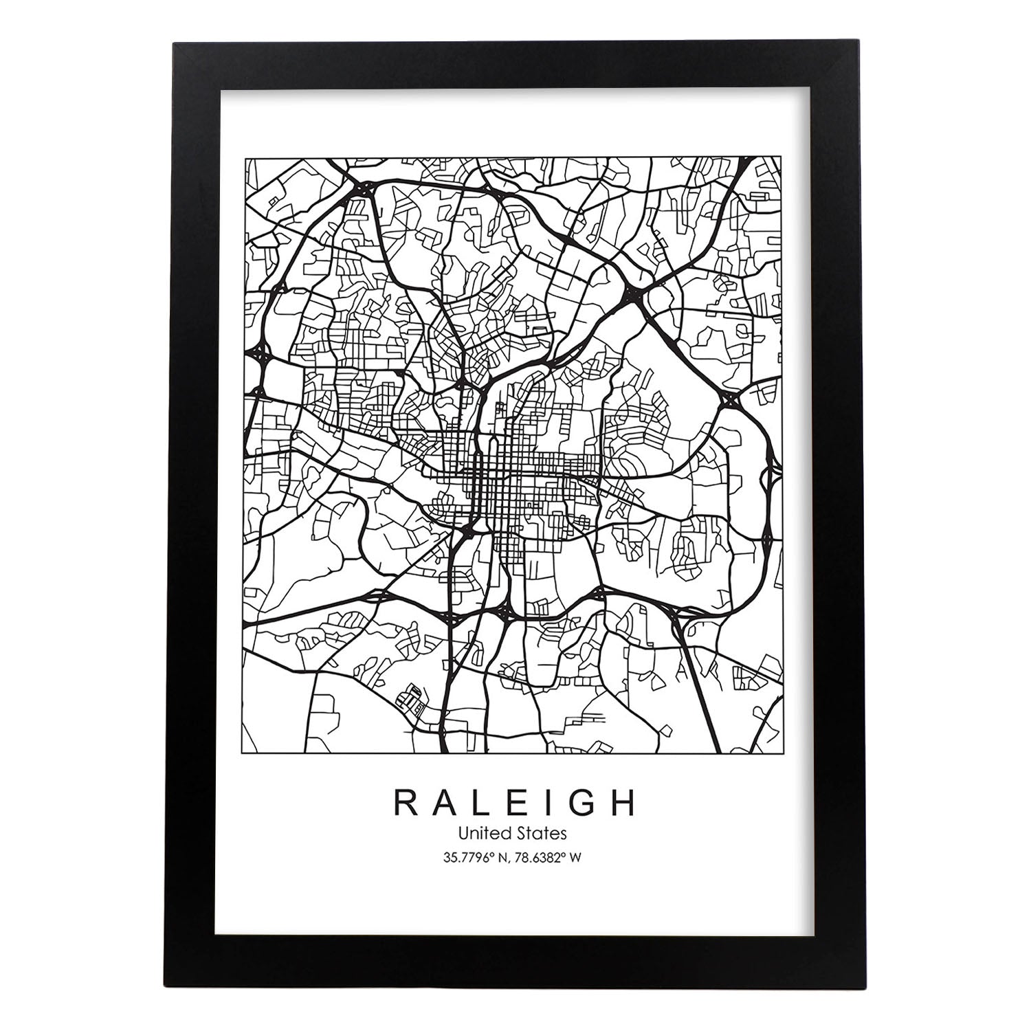 Poster con mapa de Raleigh. Lámina de Estados Unidos, con imágenes de mapas y carreteras-Artwork-Nacnic-A3-Marco Negro-Nacnic Estudio SL