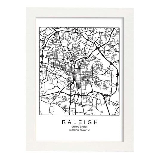 Poster con mapa de Raleigh. Lámina de Estados Unidos, con imágenes de mapas y carreteras-Artwork-Nacnic-A4-Marco Blanco-Nacnic Estudio SL