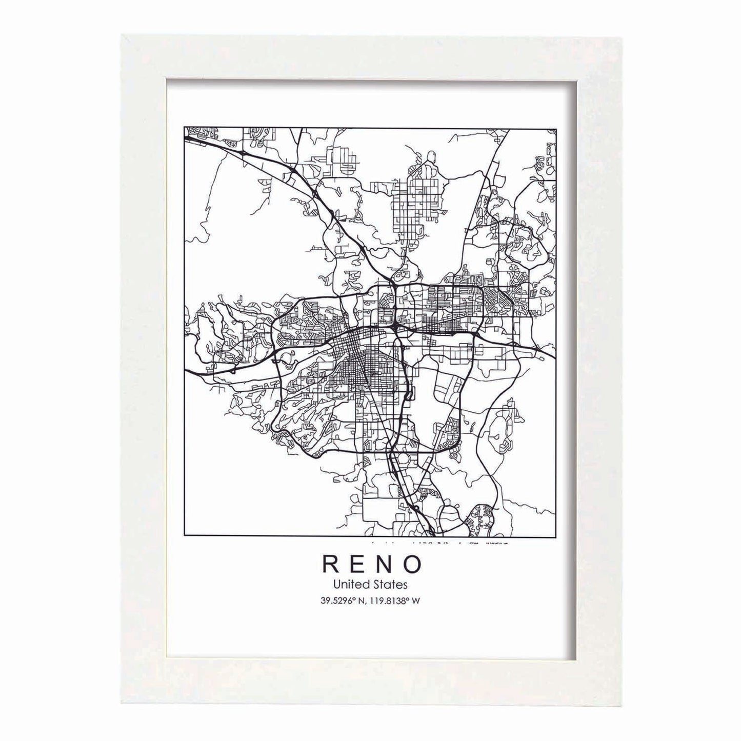 Poster con mapa de Reno. Lámina de Estados Unidos, con imágenes de mapas y carreteras-Artwork-Nacnic-A3-Marco Blanco-Nacnic Estudio SL
