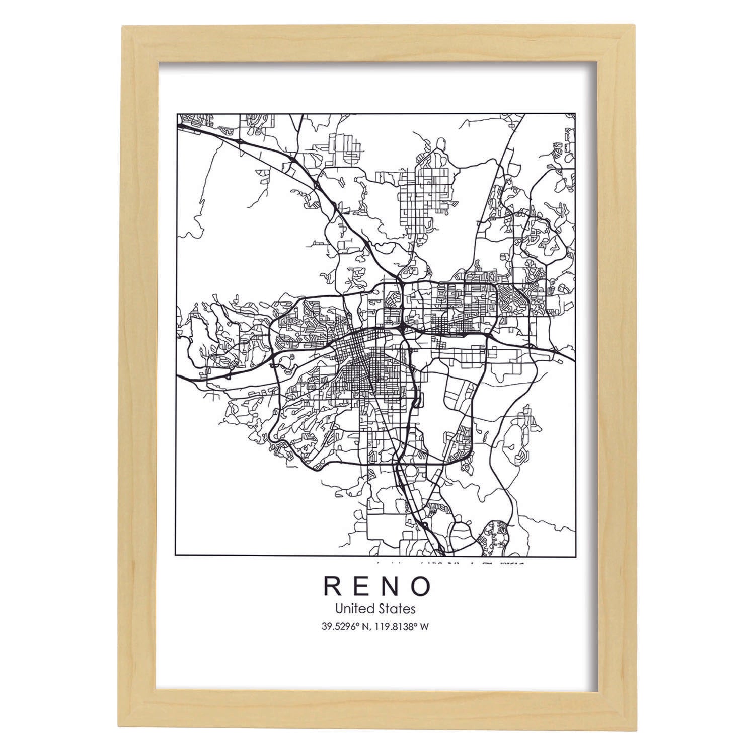 Poster con mapa de Reno. Lámina de Estados Unidos, con imágenes de mapas y carreteras-Artwork-Nacnic-A3-Marco Madera clara-Nacnic Estudio SL