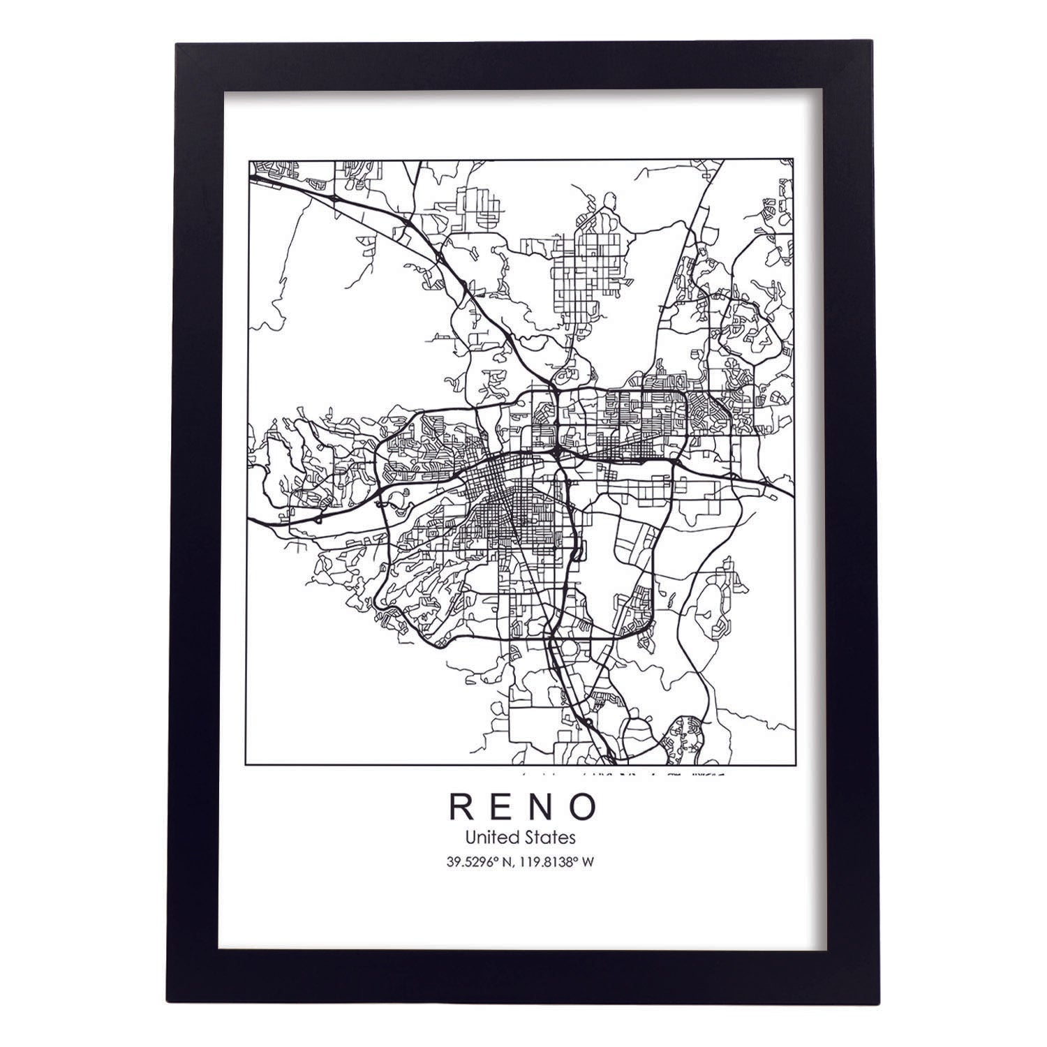 Poster con mapa de Reno. Lámina de Estados Unidos, con imágenes de mapas y carreteras-Artwork-Nacnic-A3-Marco Negro-Nacnic Estudio SL