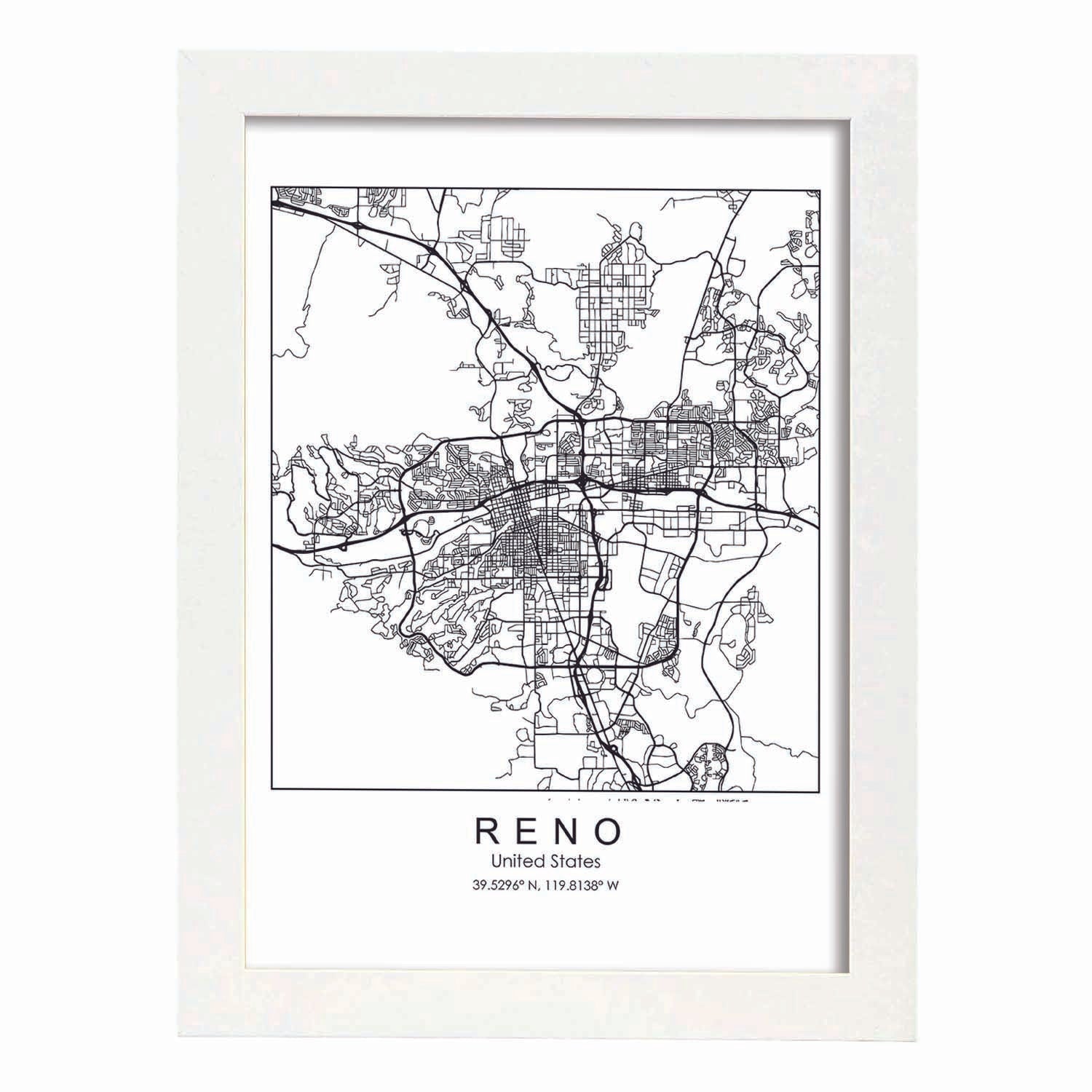 Poster con mapa de Reno. Lámina de Estados Unidos, con imágenes de mapas y carreteras-Artwork-Nacnic-A4-Marco Blanco-Nacnic Estudio SL