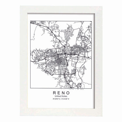 Poster con mapa de Reno. Lámina de Estados Unidos, con imágenes de mapas y carreteras-Artwork-Nacnic-A4-Marco Blanco-Nacnic Estudio SL