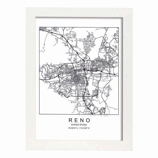 Poster con mapa de Reno. Lámina de Estados Unidos, con imágenes de mapas y carreteras-Artwork-Nacnic-A4-Marco Blanco-Nacnic Estudio SL