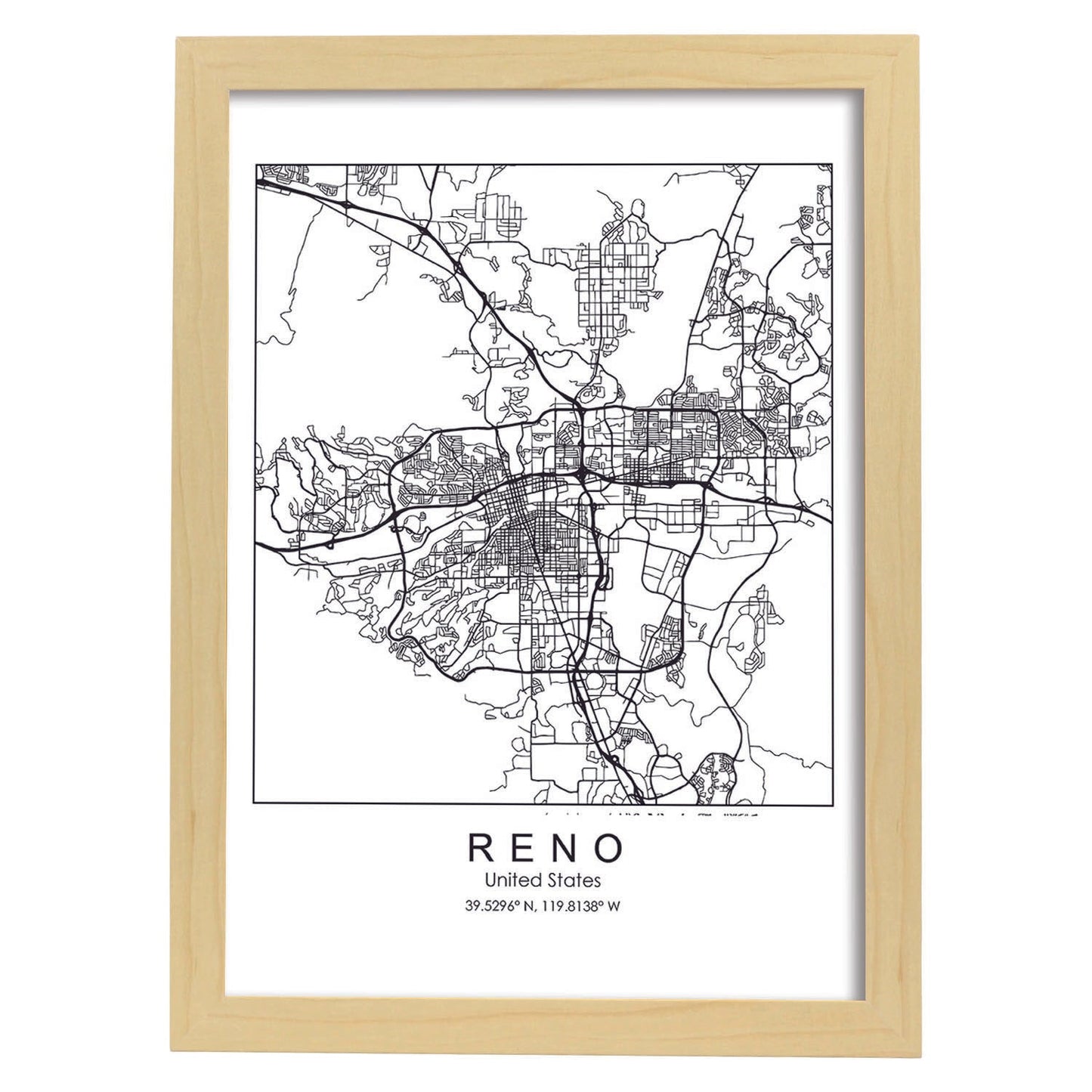 Poster con mapa de Reno. Lámina de Estados Unidos, con imágenes de mapas y carreteras-Artwork-Nacnic-A4-Marco Madera clara-Nacnic Estudio SL