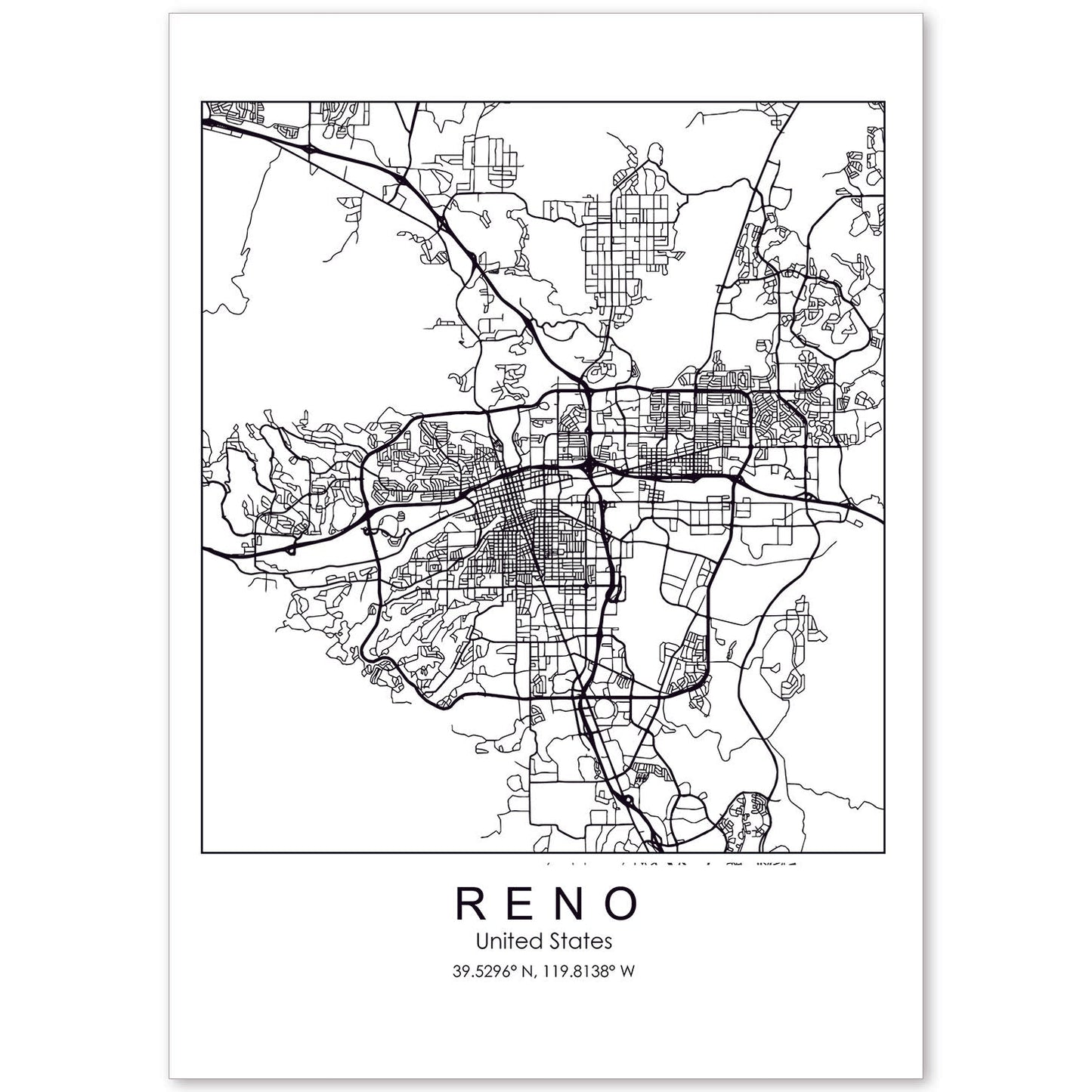 Poster con mapa de Reno. Lámina de Estados Unidos, con imágenes de mapas y carreteras-Artwork-Nacnic-A4-Sin marco-Nacnic Estudio SL